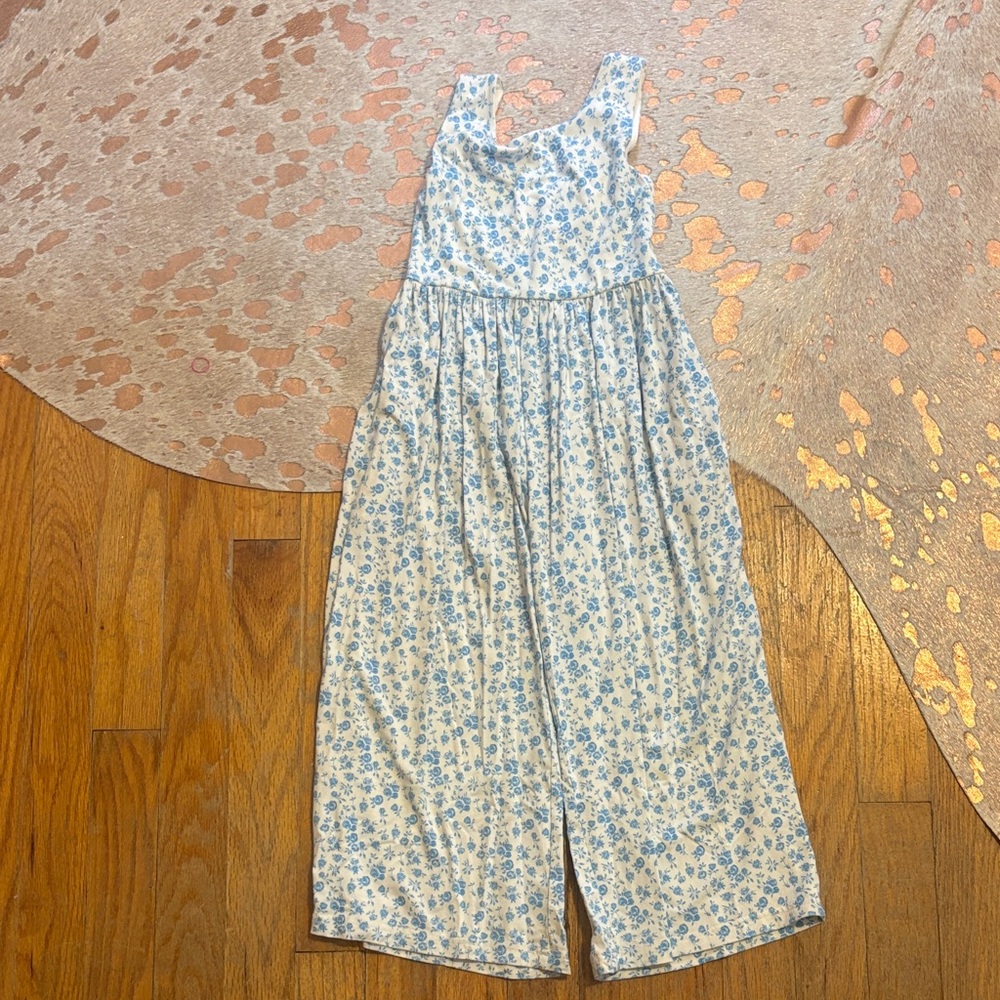 SweetHoney White and Blue Floral Sleeveless leggy romper
